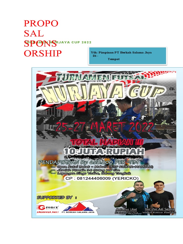 PROPOSAL SPONSORSHIP TURNAMEN FUTSAL NURJAYA CUP 2022 | PDF