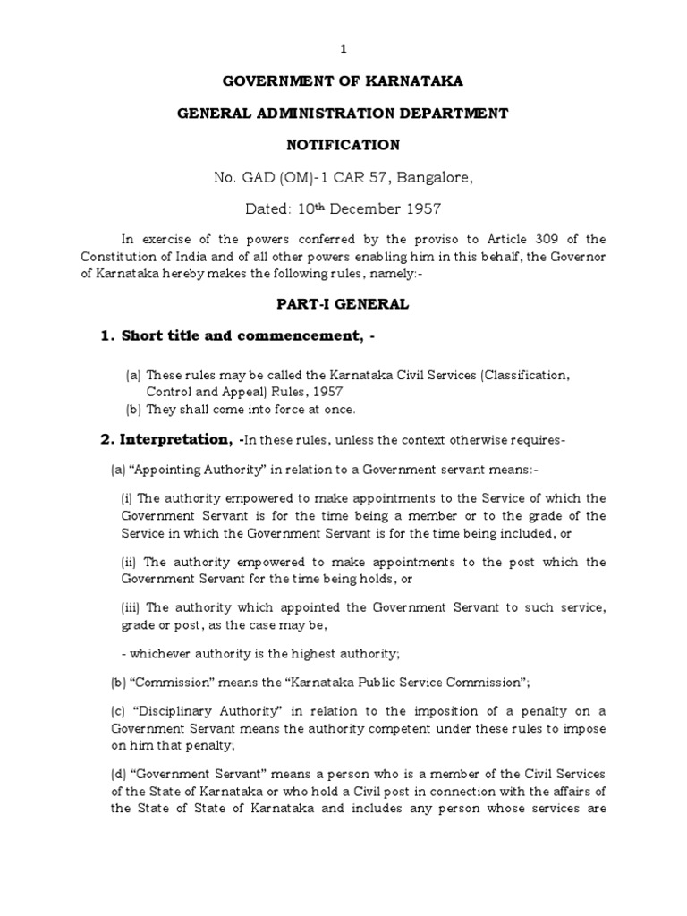 Karnataka CCA Rules 1957 Overview | PDF