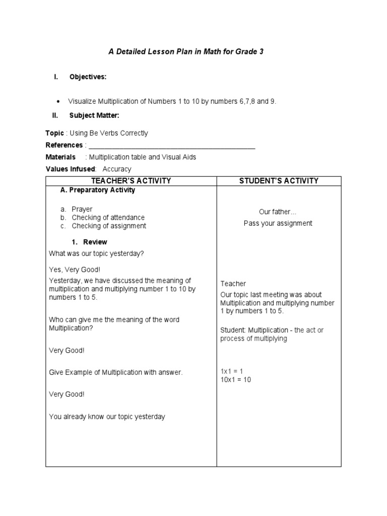 Grade 3 Multiplication Lesson Plan | PDF | Multiplication | Lesson Plan