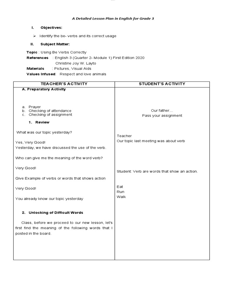 Grade 3 English Lesson: Be Verbs | PDF | Subject (Grammar ...
