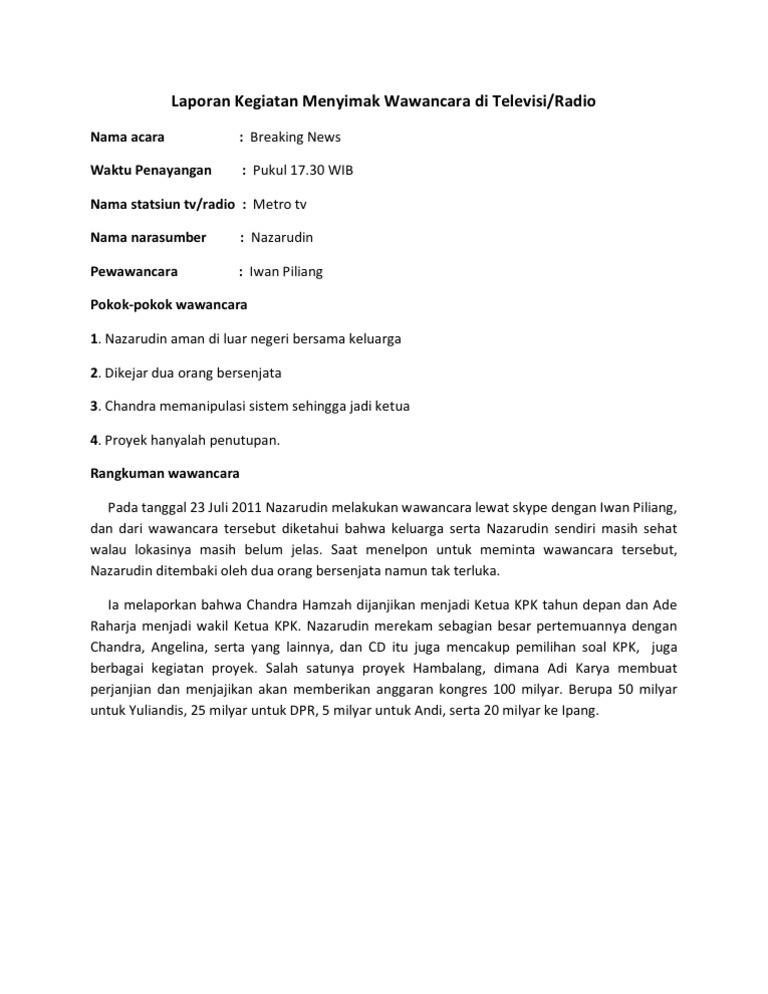 Laporan Kegiatan Menyimak Wawancara Di Televisi