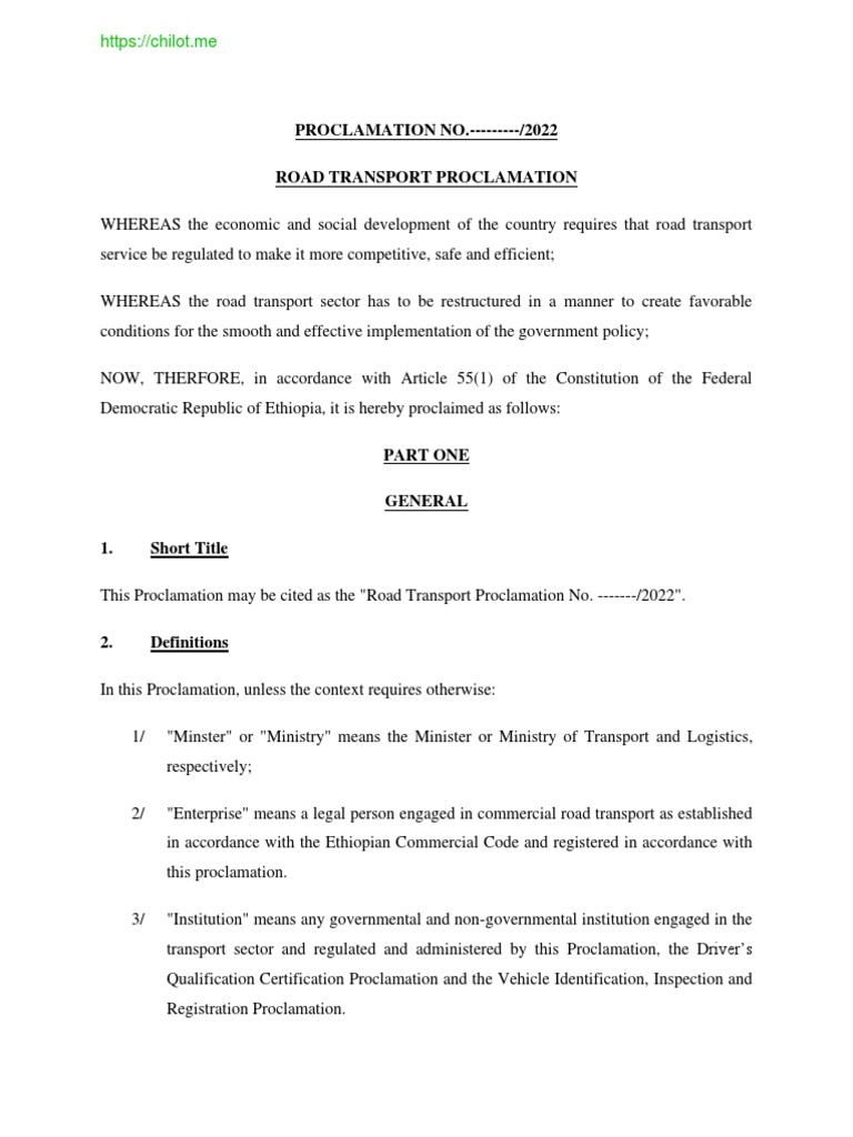 Ethiopia Road Transport Proclamation 2022 | PDF | Vehicles | Transport