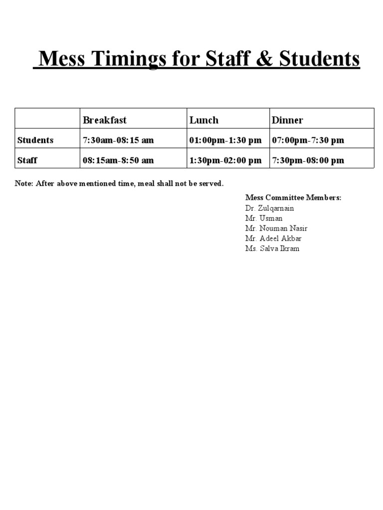 Mess Timings PDF