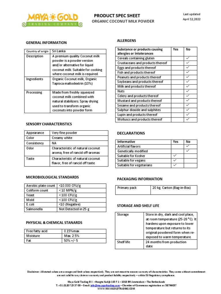Organic Coconut Milk Powder Specs | PDF | Coconut Milk | Milk