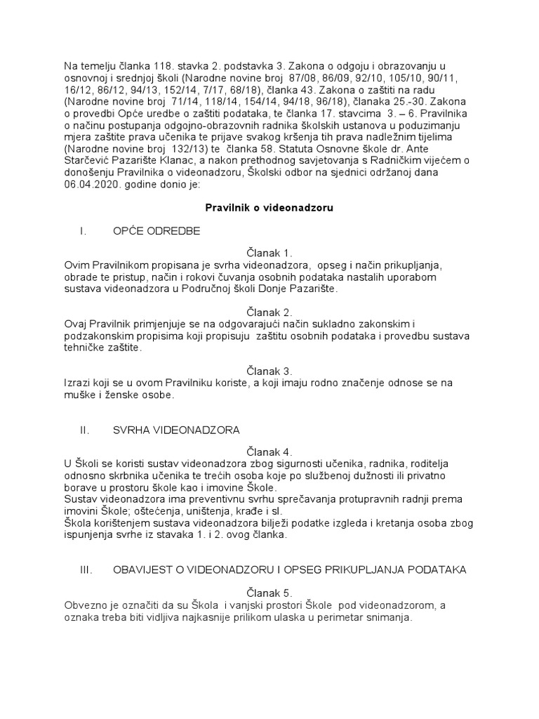Pravilnik o Videonadzoru | PDF
