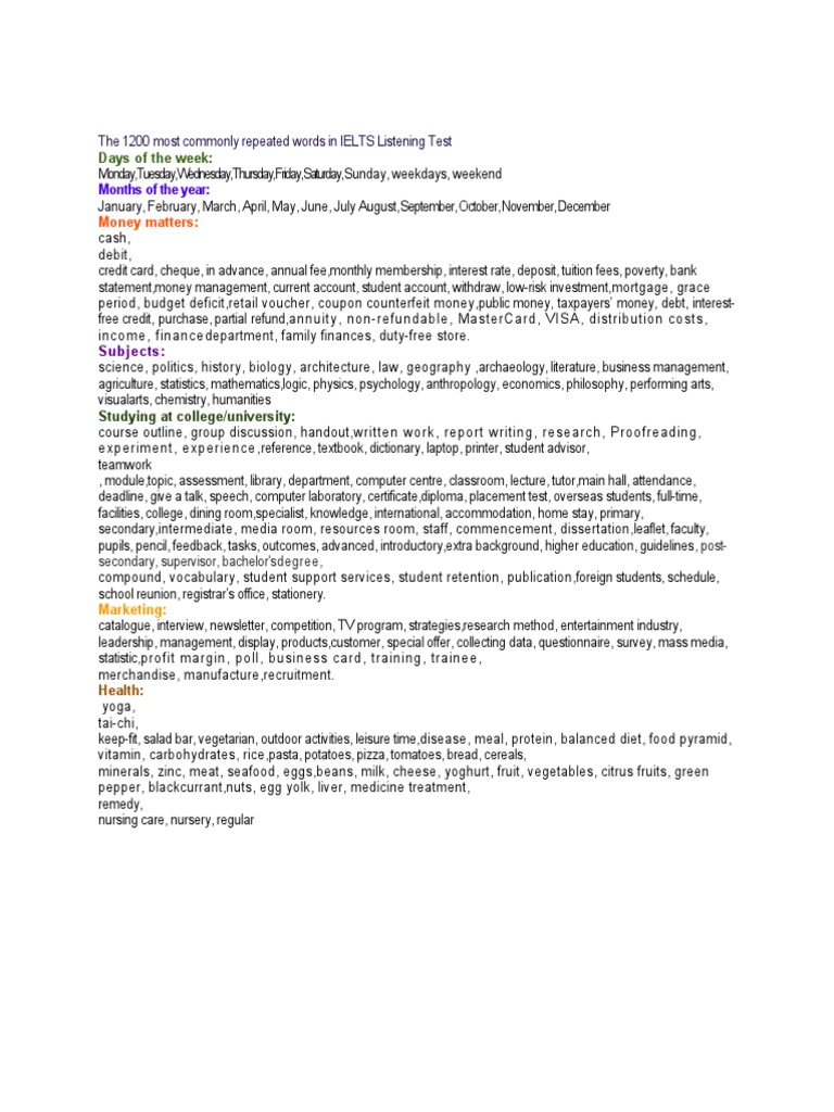 The 1200 Most Commonly Repeated Words in IELTS Listening Test | PDF ...