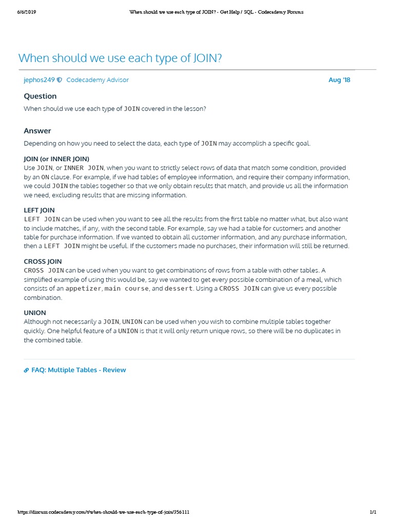 When Should We Use Each Type of JOIN - Get Help - SQL - Codecademy ...