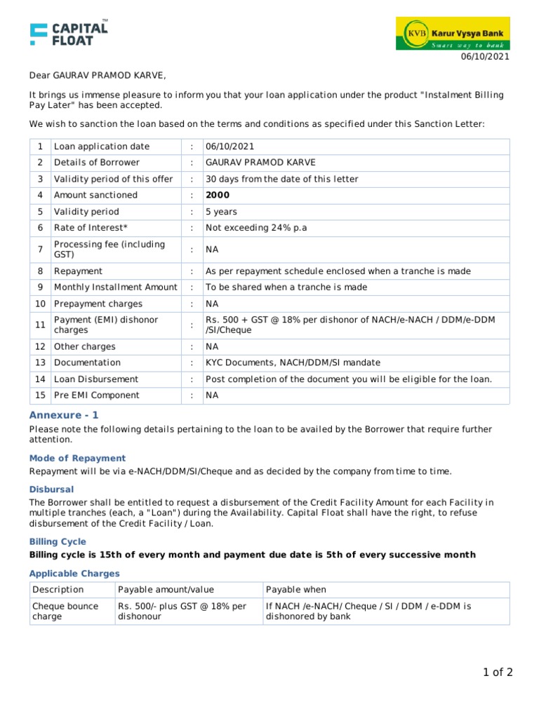 Sanction Letter Capital Float PDF Loans Cheque