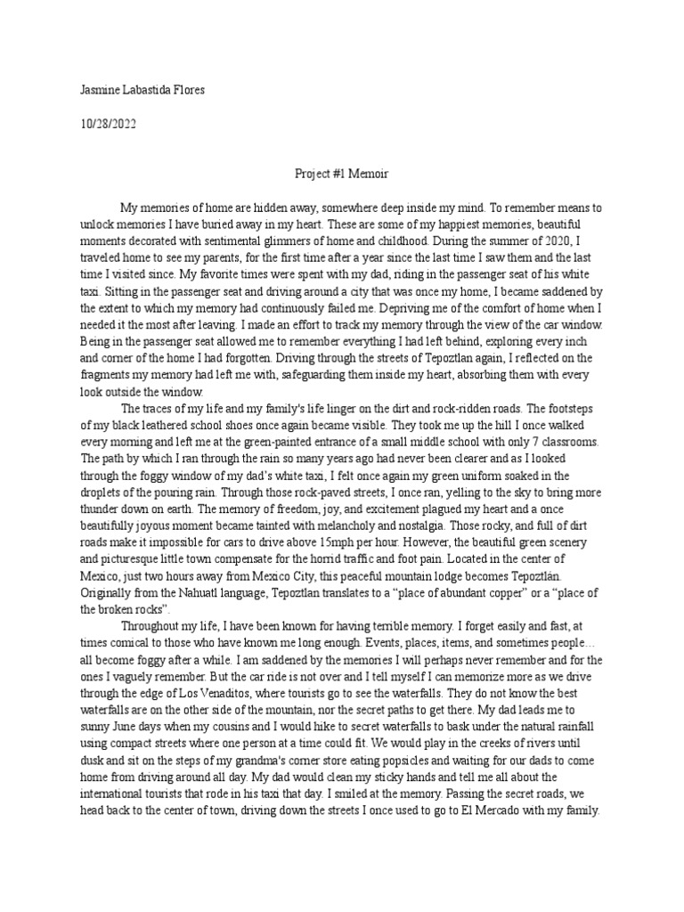 Teacher Draft For Project 1 Memoir PDF