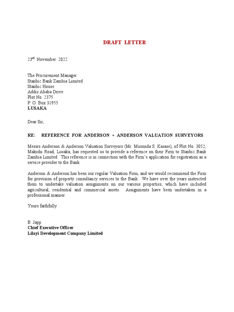 Stanbi Bank - Draft Letter For Use by City Investments | PDF