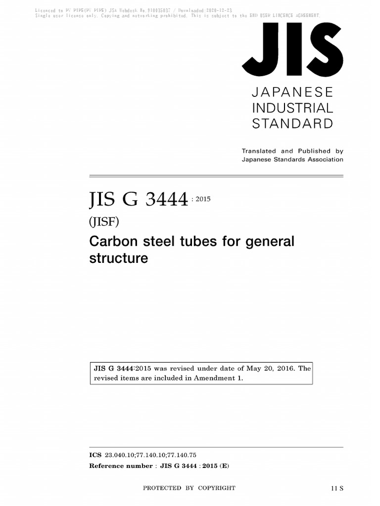 JIS G 34442015 Carbon Steel Tubes For General Stucture PDF License