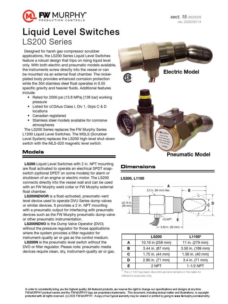 Sensor Nivel Murphy LS200 | PDF | Valve | Switch