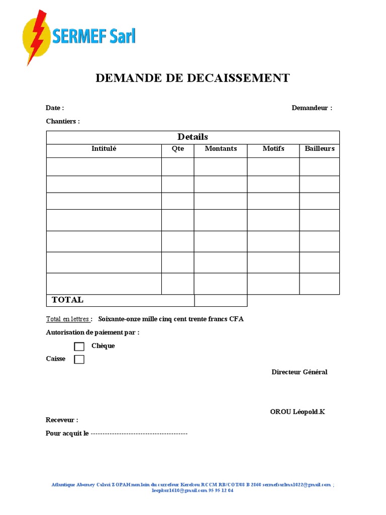 Modèle de demande de décaissement | PDF | Caissier | Emploi