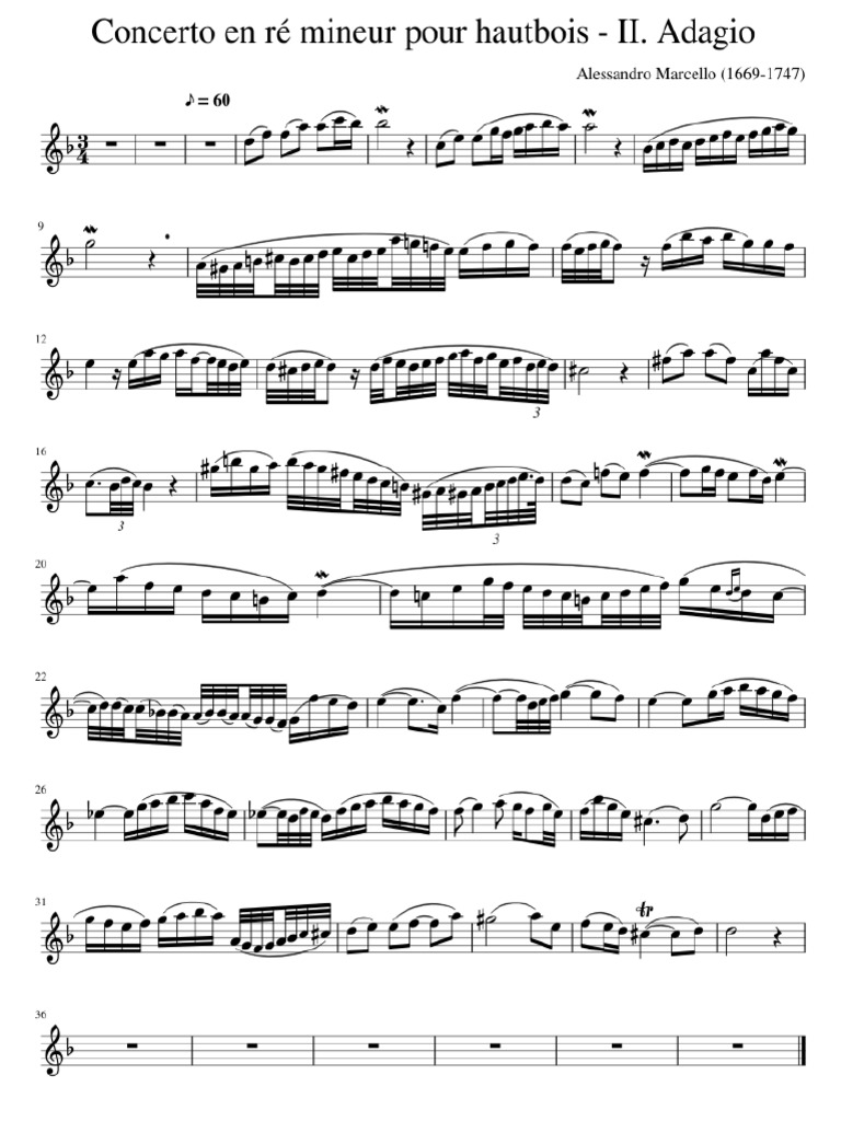 Concerto D Minor A. Marcello Adagio Sheet Music For Recorder (Solo