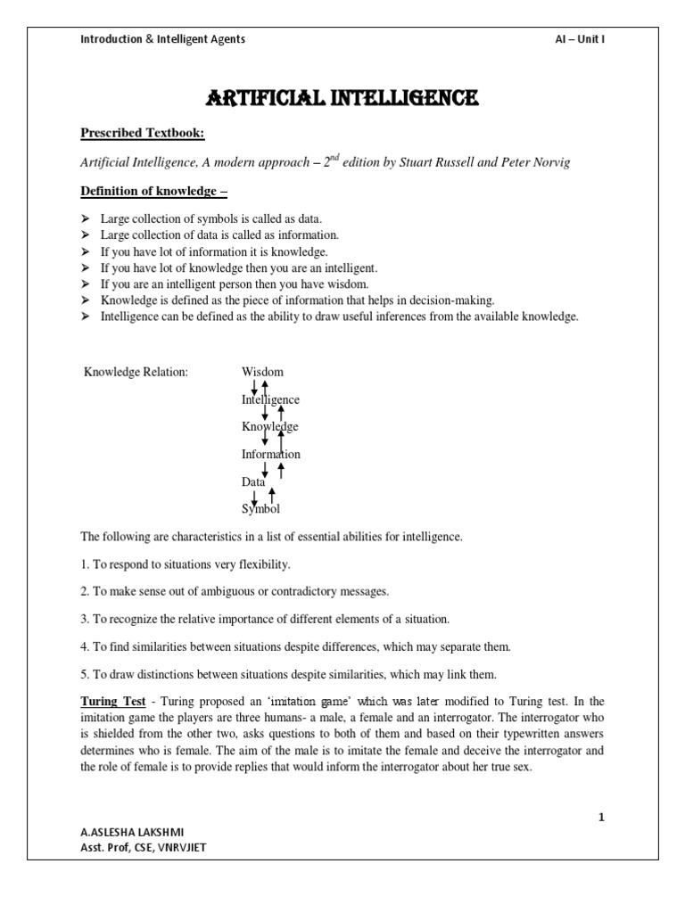 Artificial Intelligence Unit 1 Introduction And Intelligent Agents