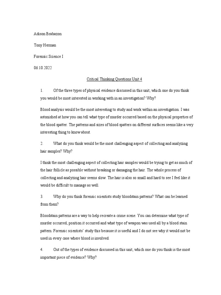 Critical Thinking Questions Unit 4 | PDF
