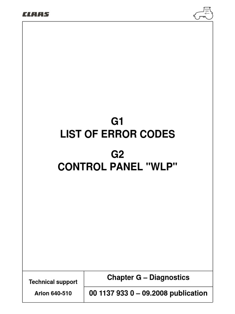G1 List of Error Codes G2 Control Panel "WLP" Chapter G Diagnostics 00 1137 933 0 09.2008