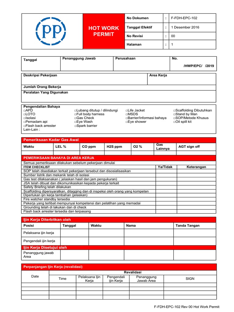 F-FDH-HSE-102-0 Form Hot Work Permit | PDF