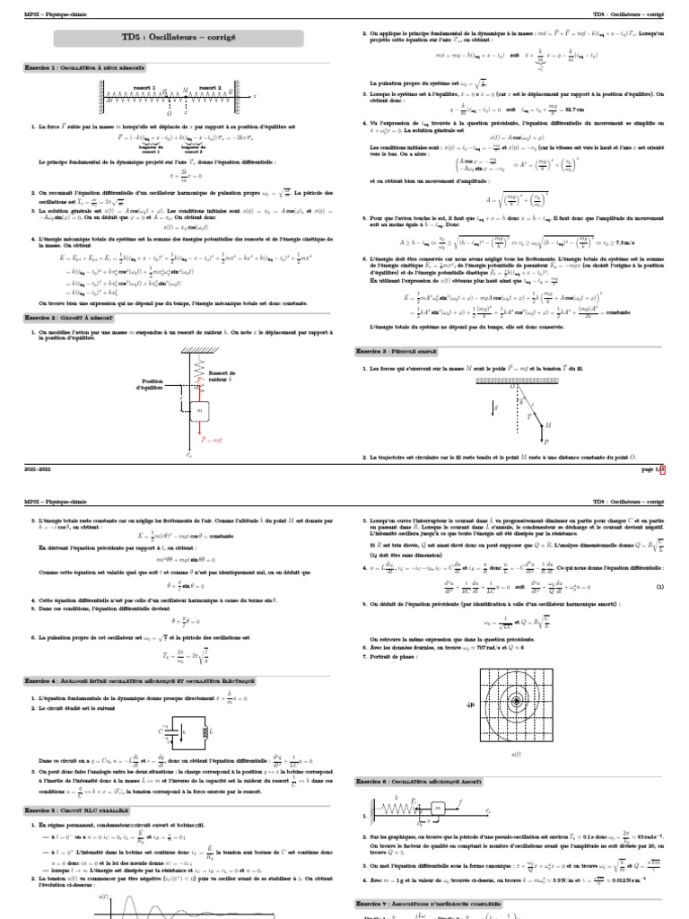 Corrigé TD5 : Oscillateurs MPSI | PDF | Impédance (électricité ...