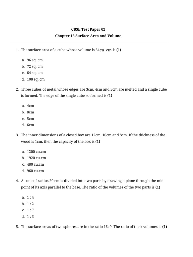 Cbse test paper 02 solutions to problems on surface area and volume