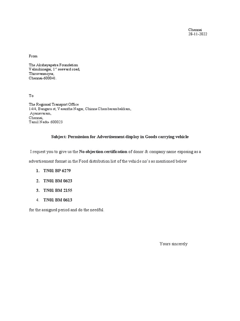 RTO Advertisement Permission Request | PDF