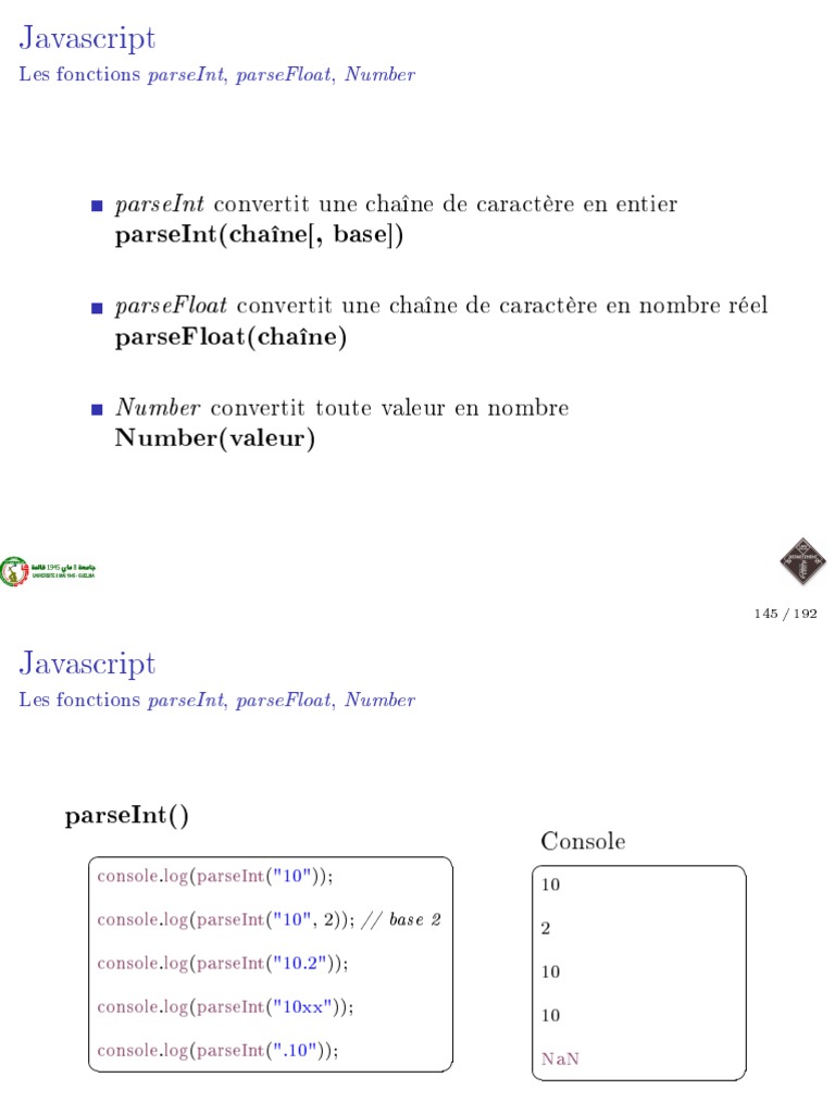 Fonctions parseInt et parseFloat en JS | PDF | Indice de masse ...
