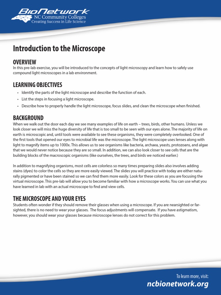 Introduction To The Microscope VIRTUAL LAB PDF Microscope Optics