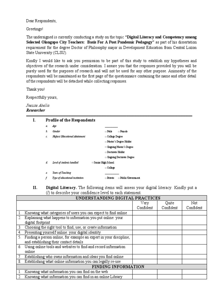 Digital Literacy and Competency Questionnaire (Tools) PDF Learning