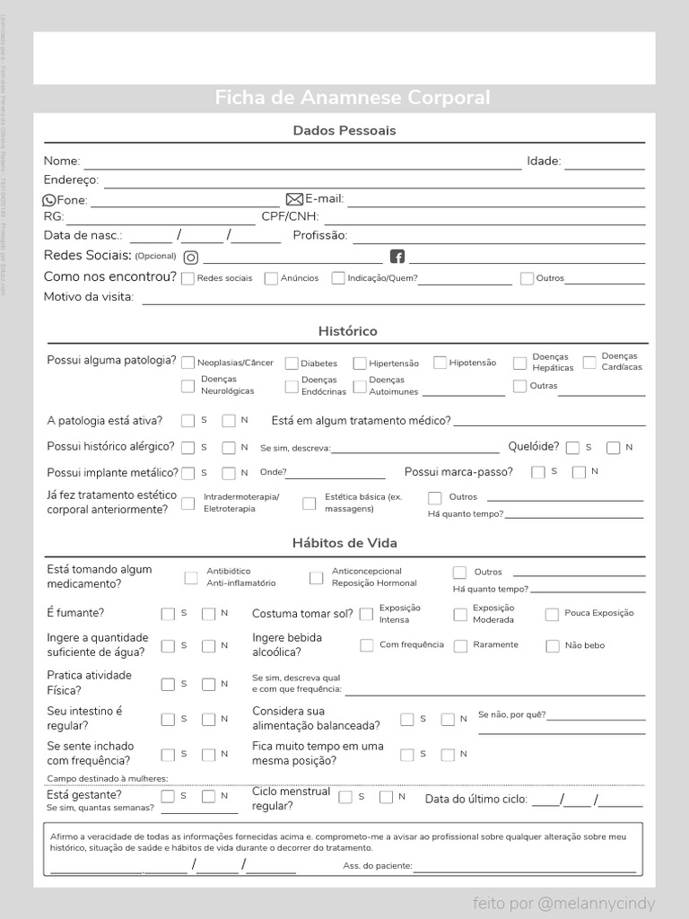 Ficha de Anamnese Corporal | PDF | Corpo humano | Câncer