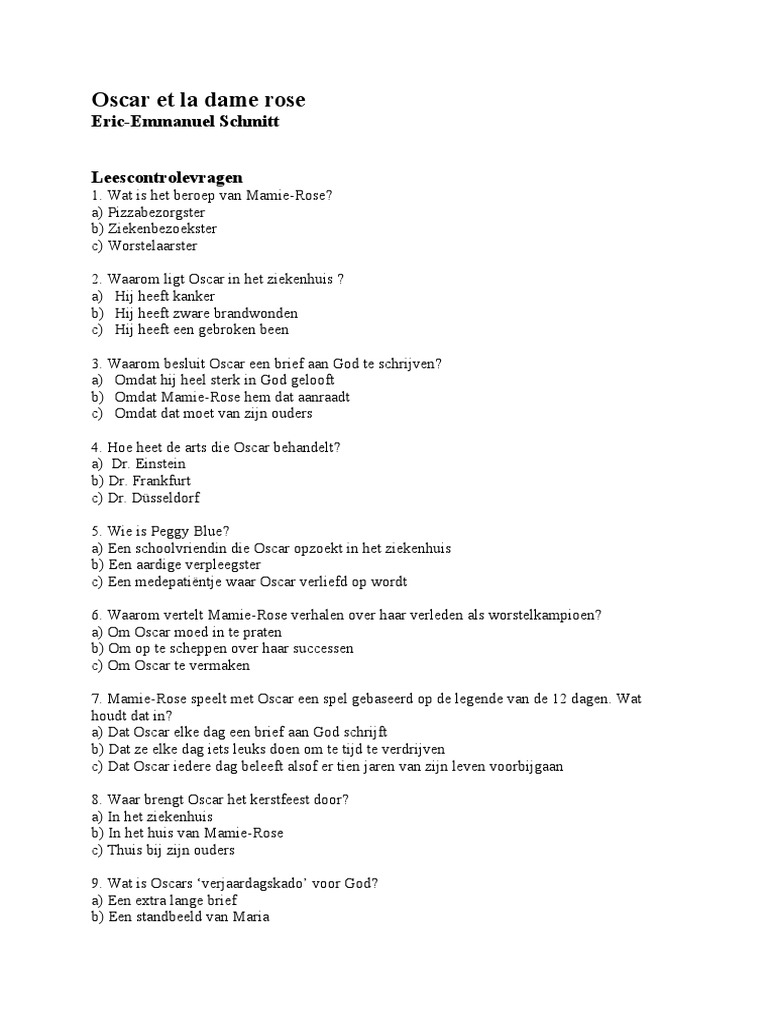 Oscar Et La Dame RoseLeescontrolevragen Met Antwoorden PDF