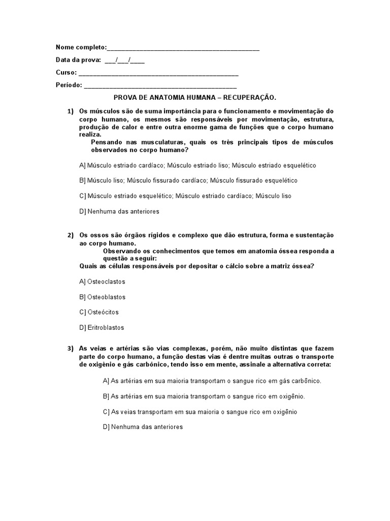 Prova De Recuperação De Anatomia Humana Aborda Principais Sistemas E