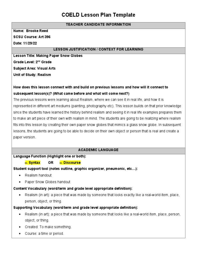 Scsu Coeld Edtpa Lesson Plan Template PDF Educational Assessment