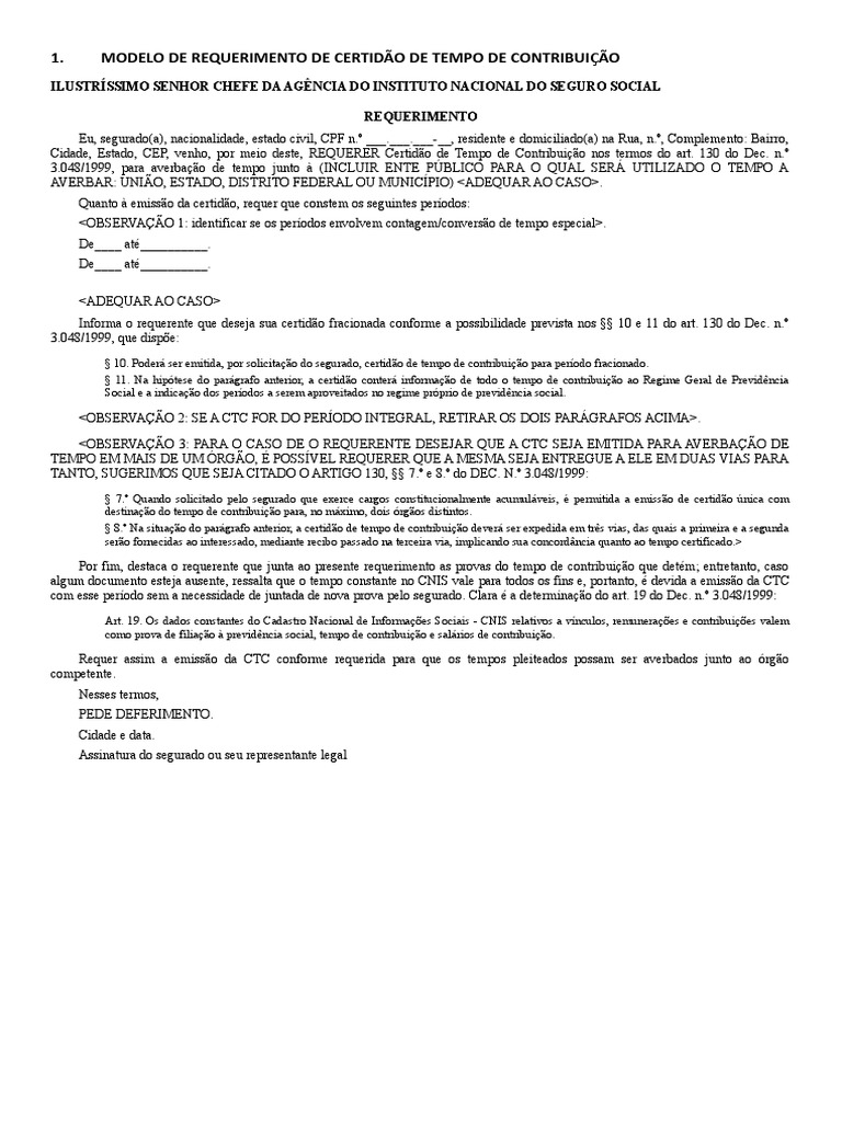 Modelo de Requerimento CTC INSS | PDF | Estado | Bem-estar social