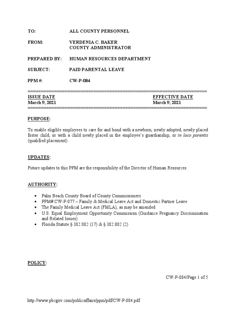 PB County Paid Parental Leave Policy PDF Family And Medical Leave