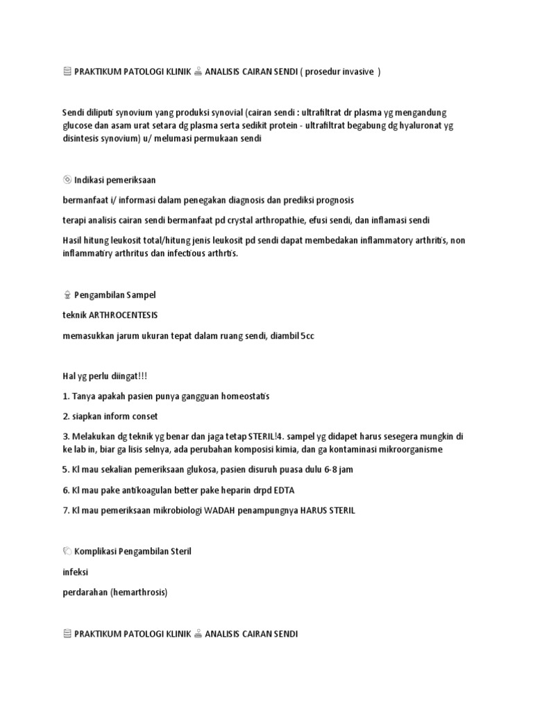 Analisis Cairan Sendi: Prosedur dan Interpretasi | PDF