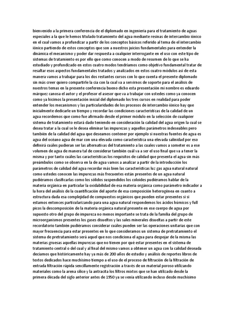 Transcripcion Del VideoTratamiento Del Agua Mediante Resinas de