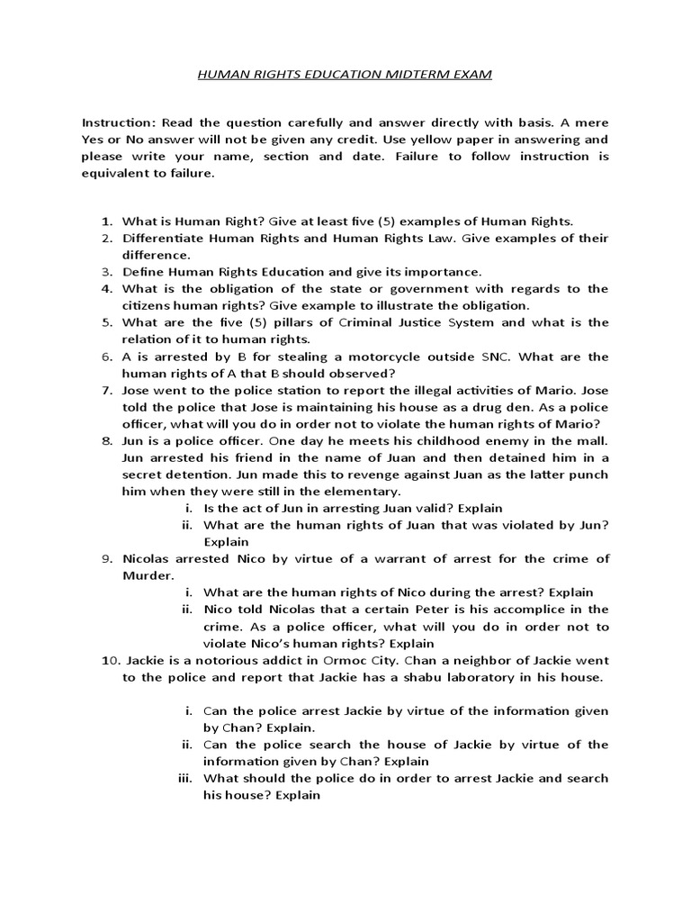 Human Rights Education Midterm Exam Guide | PDF | Police | Detention ...