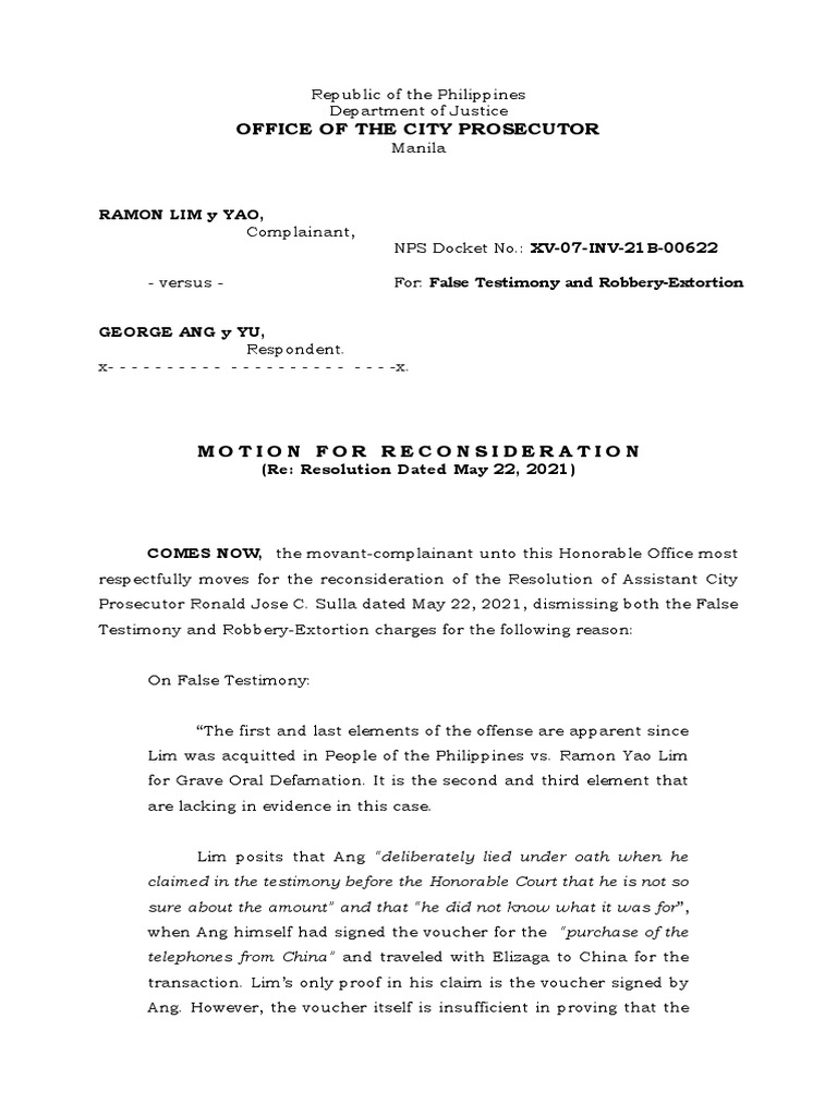 MOTION FOR RECONSIDERATION (MR) PDF Defamation Perjury
