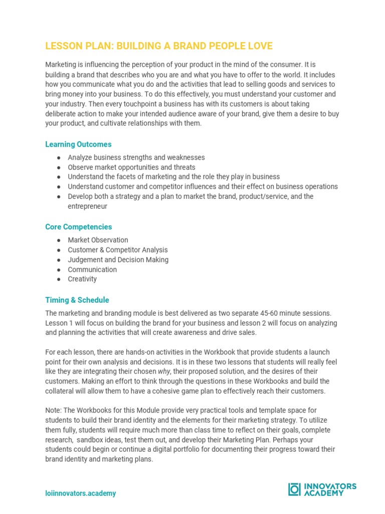 Lesson Plan 9 Building A Brand People Love | PDF | Brand | Marketing
