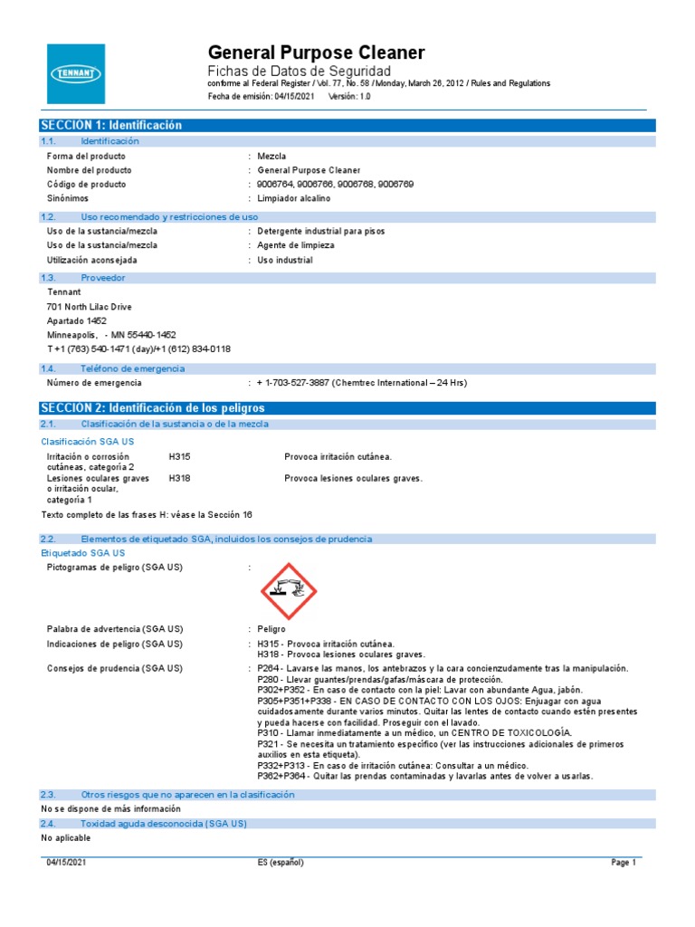 General Purpose Cleaner Sds Es Ltam PDF Agua Ciencias fisicas