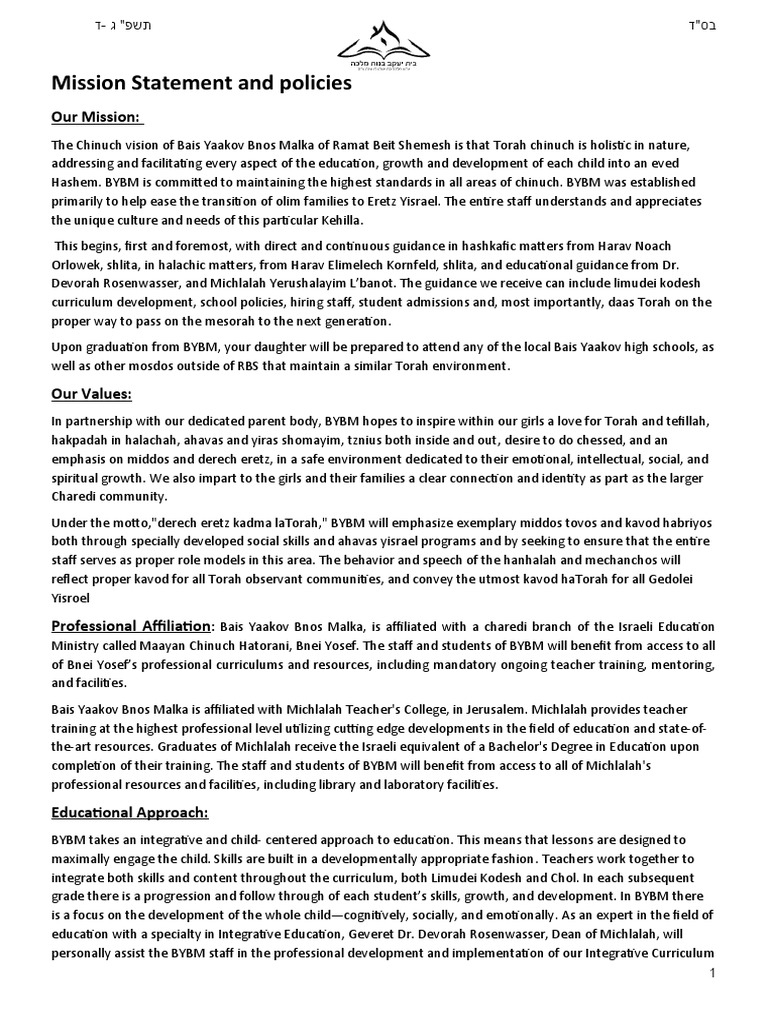 Updated - Mission Statement and Policies 5783-4 | PDF | Teachers ...