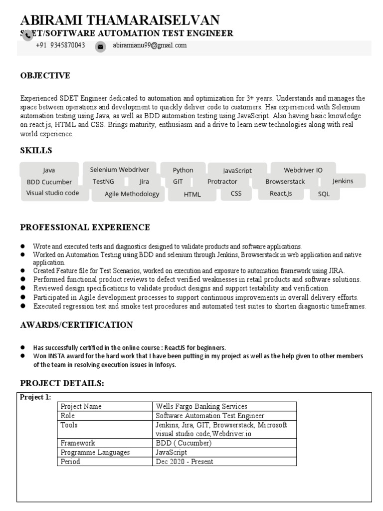 SDET Automation Test Engineer Resume | PDF | Selenium (Software ...