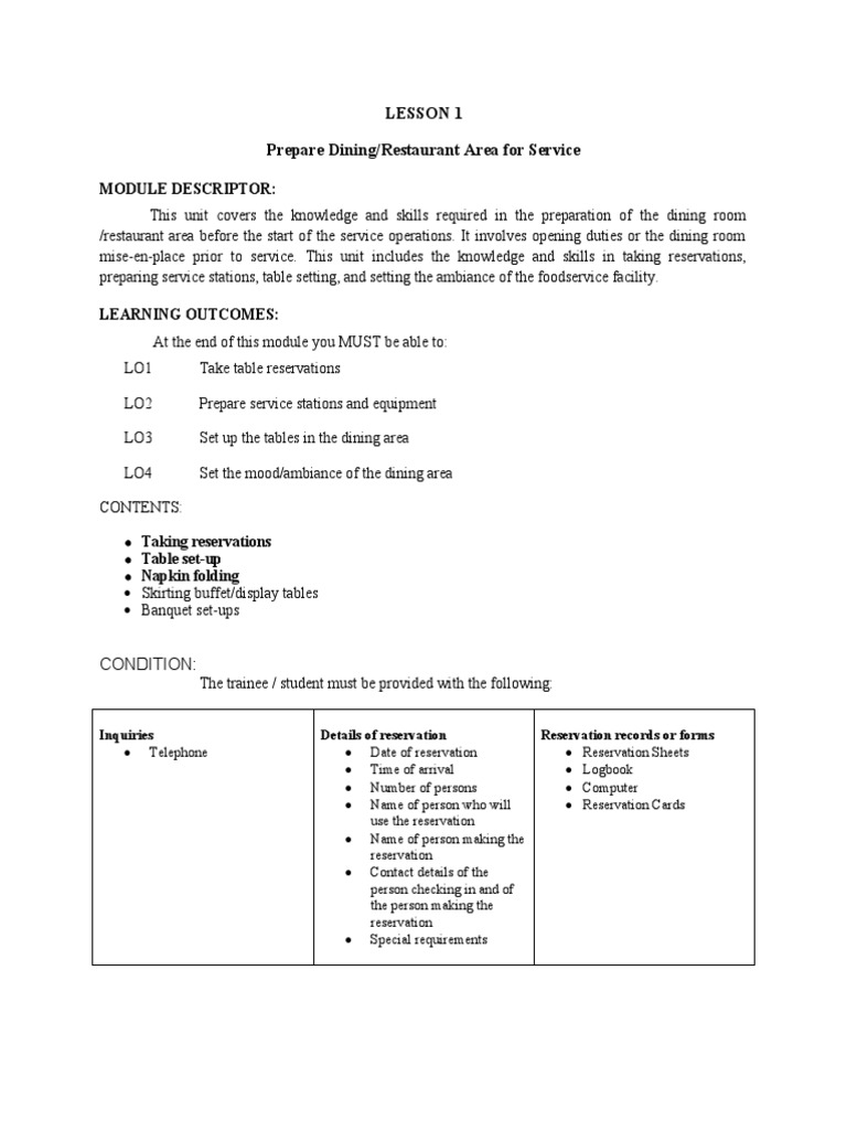 Preparing Dining Area for Service | PDF | Tableware | Meal