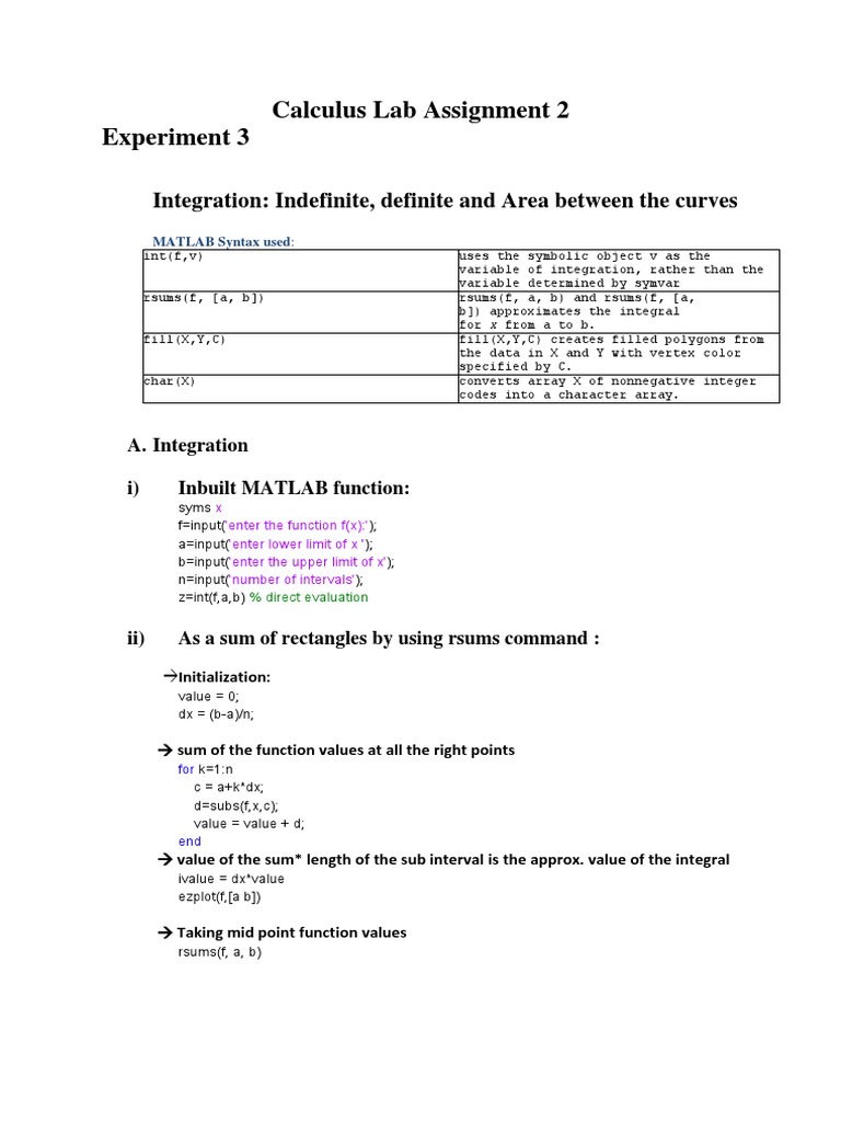 Calculus Lab: Area & Volume Integration | PDF | Integral | Function ...