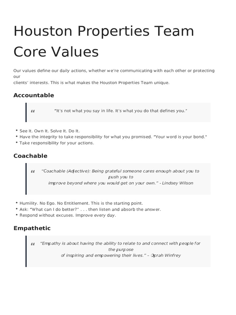 Houston Properties Team Core Values PDF Empathy