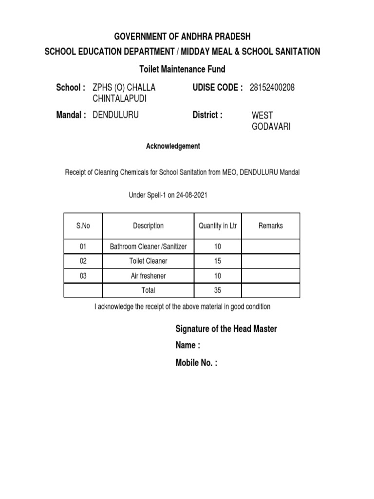 Cleaning Chemicals Acknowledgement Form | PDF