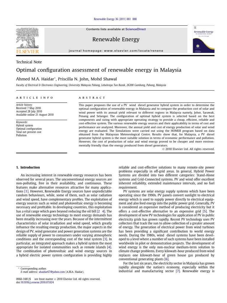 Optimal Renewable Energy Configurations in Malaysia | PDF ...
