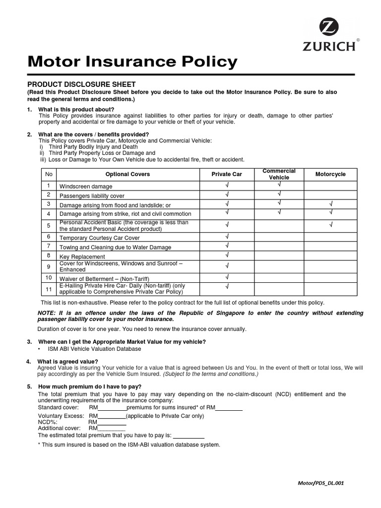 ZGIMB Motor Insurance PDS ENG HO PDF Insurance Vehicle Insurance