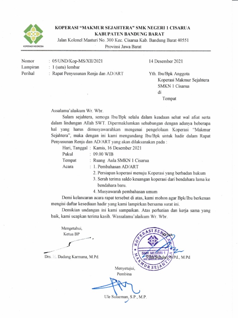 Surat Undangan Rapat Koperasi | PDF