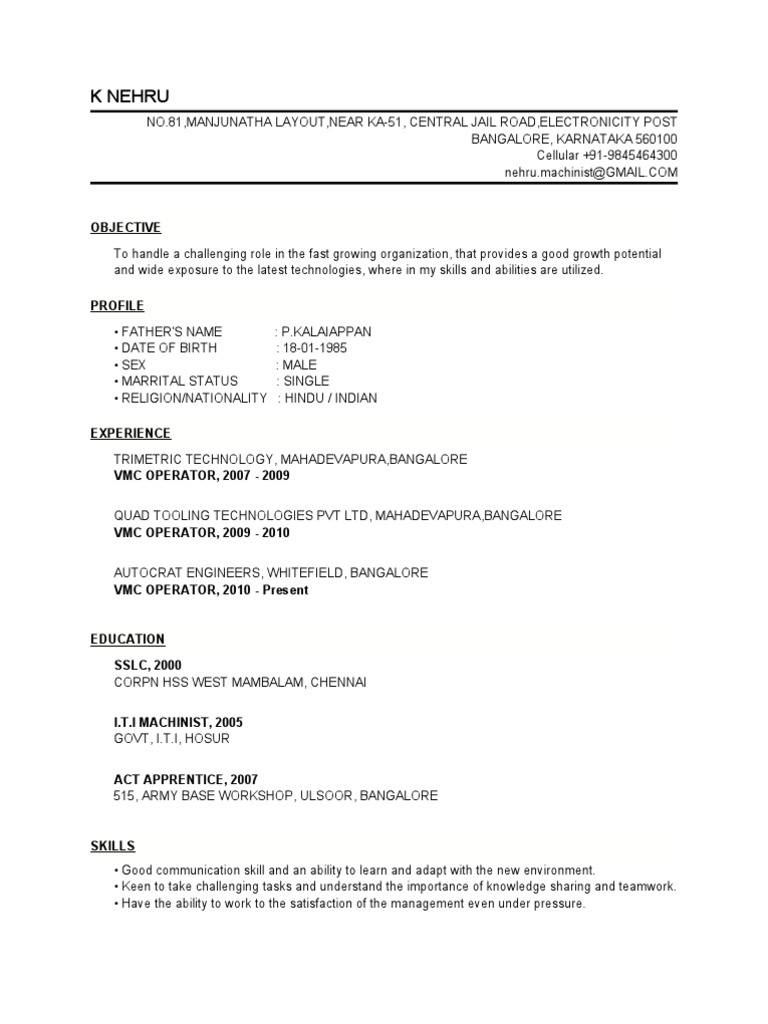 VMC Operator Resume - Bangalore, India | PDF | Career & Growth